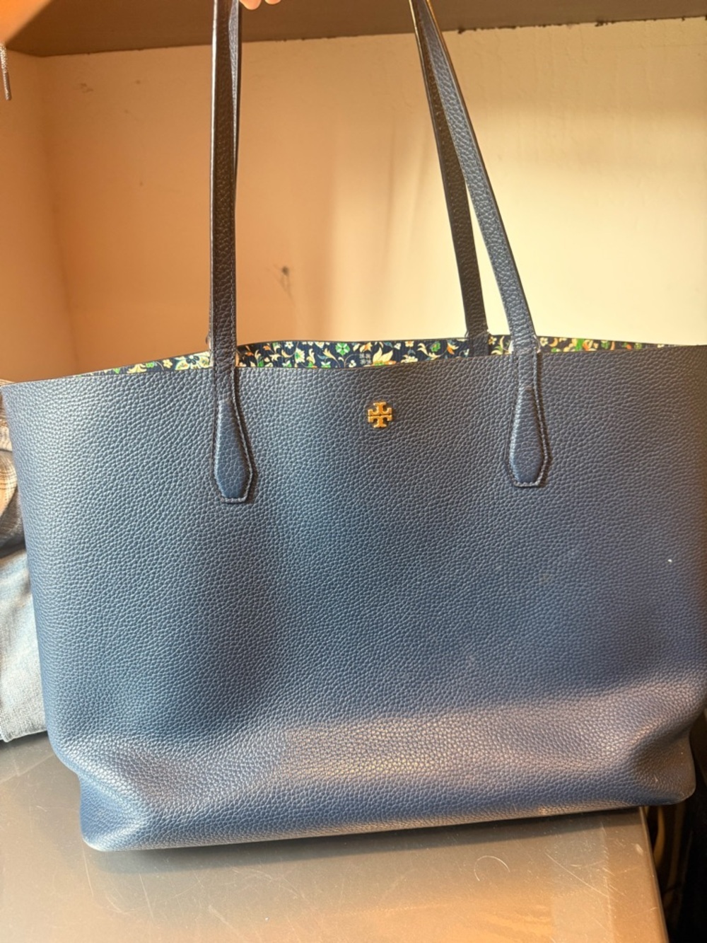 Tory Burch Navy Pebbled Leather Tote